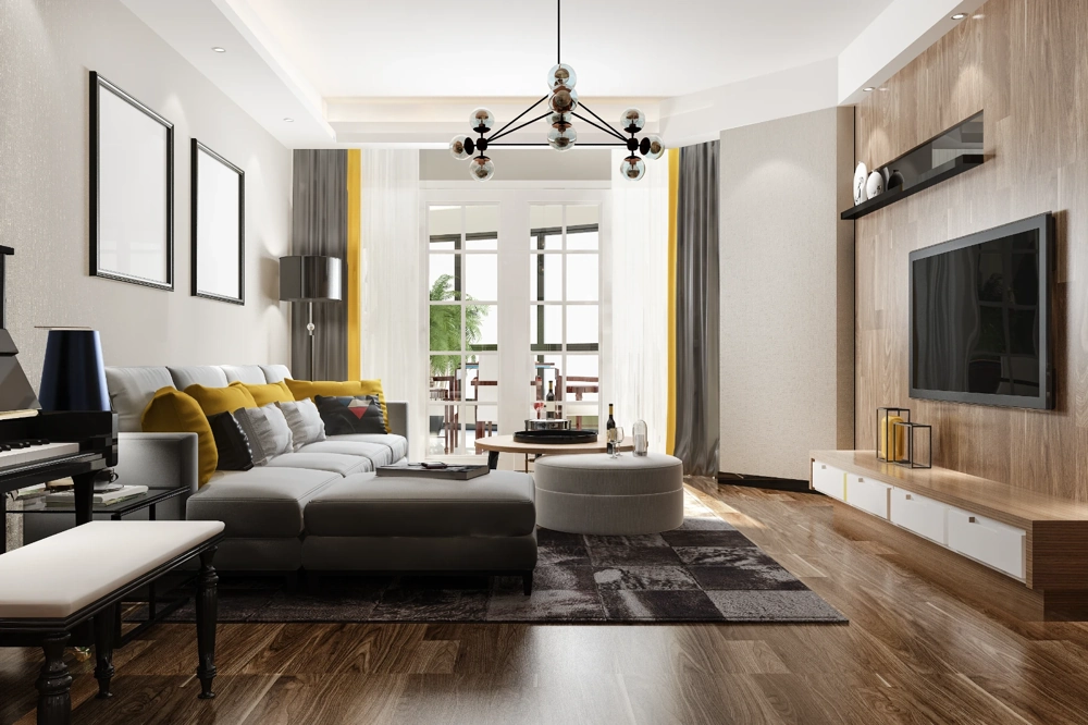 Modernes Wohnzimmer nach Wohnungsrenovierung mit heller Wand, Parkettboden, Sofa, Beleuchtung und TV-Wand